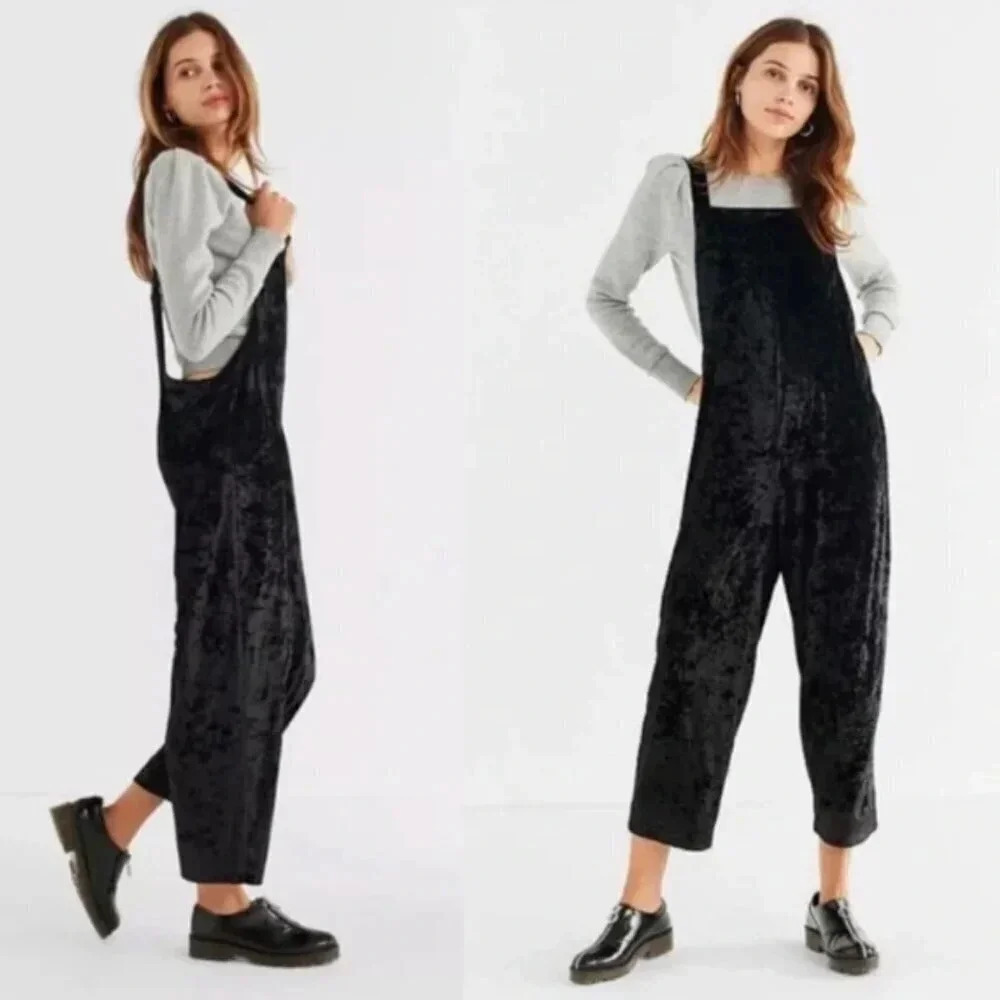 Urban Outfitters Black Velvet Velour Crop Overalls Jumpsuit